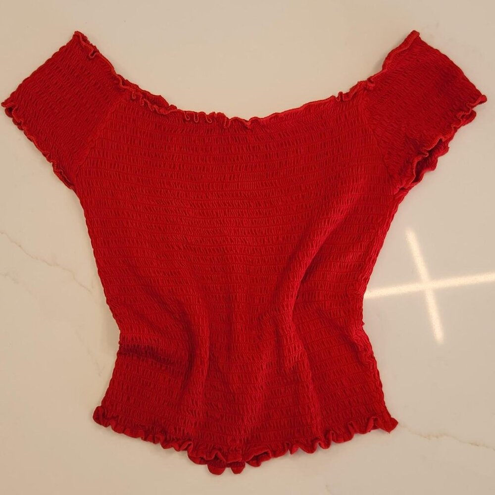 Classic Brandy Melville red off the shoulder ruched cotton blend top One Size